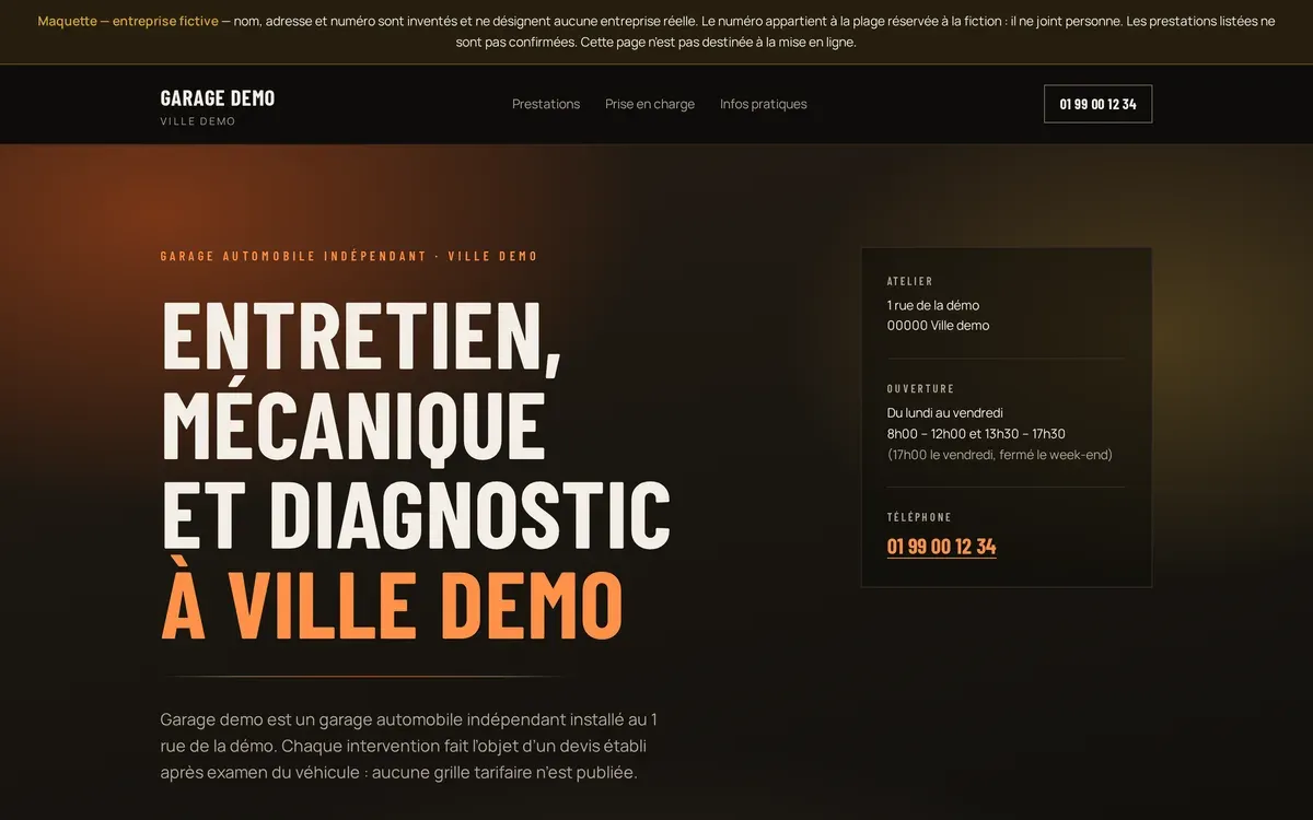 Page d’accueil du site Garage Exemple, garage automobile indépendant.