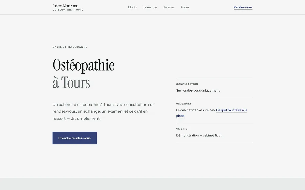 Page d’accueil du site Cabinet Maubranne, cabinet d’ostéopathie.